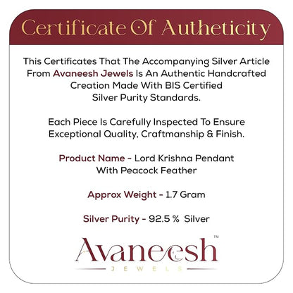 925 Silver Lord Krishna Flute with Peacock Feather Pendant for Men & Women | Spiritual Krishna Pendant | Daily Wear Silver Jewellery Gift